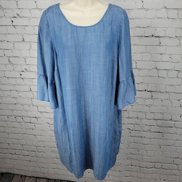 Tommy Bahama Blue 3/4 Bell Sleeve Pockets Unlined Midi Shift Dress Size Large L - Picture 1 of 12